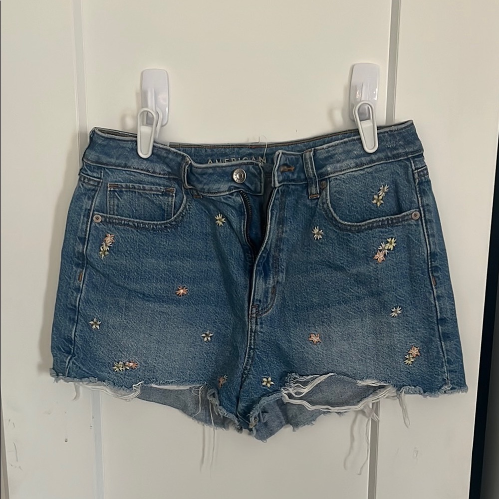 American Eagle Outfitters Blue Jean Shorts Distressed Mid-Thigh
